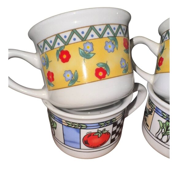 Set Of 4 Fine China Soup Mugs With Floral & Vegetable Patterns Microwave & Dishw - Picture 2 of 6